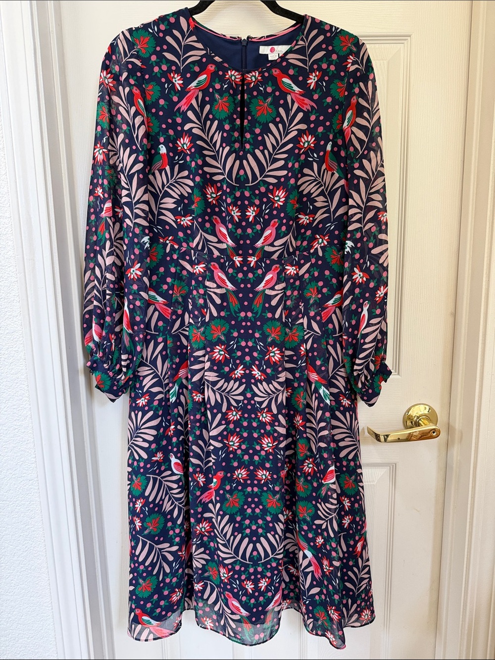 Boden Women’s Navy Floral & Bird Print Long-Sleeve Dress size 8p